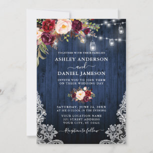 Invitación Boda Blue Wood Burgundy Floral Jar Luces Lace
