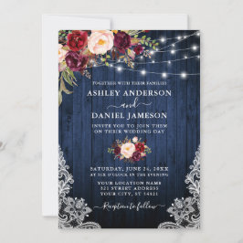 Invitación Boda Blue Wood Burgundy Floral Luces Lace