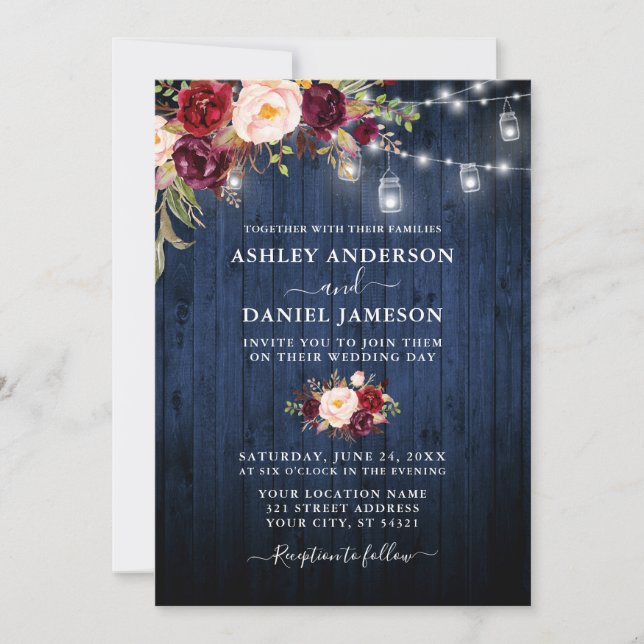 Invitación Boda Blue Wood Burgundy Floral Mason Jar Luces (Anverso)
