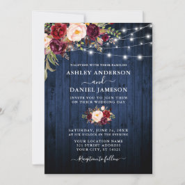 Invitación Boda Blue Wood Burgundy Floral String Luces