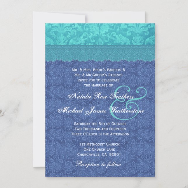 Invitación Boda Blue y Aqua Blue Damask G500F (Anverso)