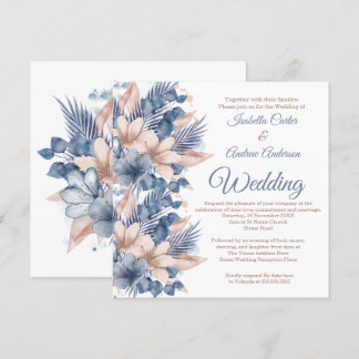 Invitación Boda Blush Azul Melocotón Beige Floral Blanco