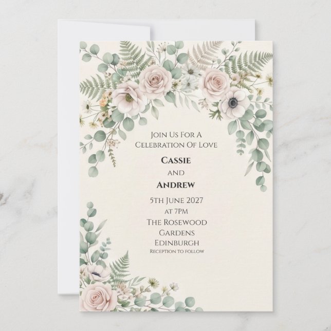 Invitación Boda Blush Rosa Eucalipto Helecho (Anverso)