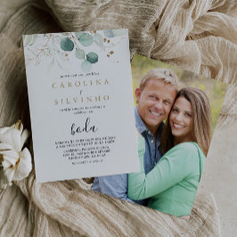 Invitación Boda Boda de caligrafía de eucalipto verde dorado
