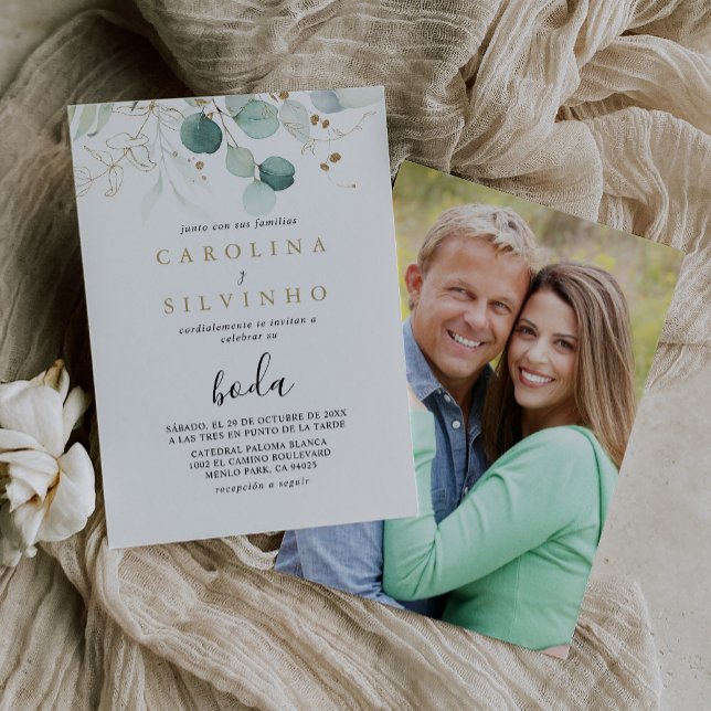 Invitación Boda Boda de caligrafía de eucalipto verde dorado (Subido por el creador)