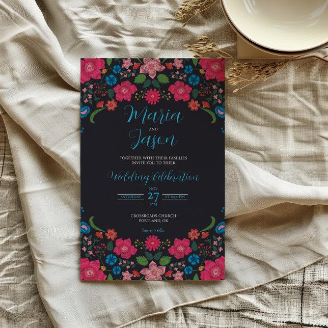 Invitación Boda Boda elegante con flores de la marina mexican (Mexican Navy Floral Colorful Elegant Boda Wedding Invitation)