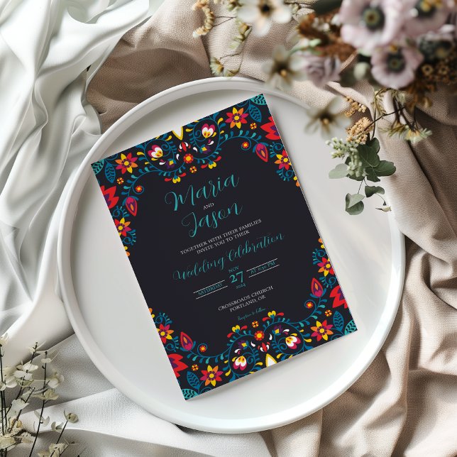 Invitación Boda Boda elegante con flores negras mexicanas (Mexican Black Floral Colorful Elegant Boda Wedding Invitation)