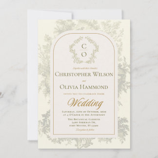 Invitación Boda Bohemia Antigua Toile Verde Salvia y Crema