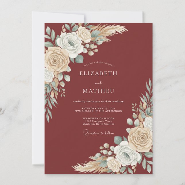 Invitación Boda Bohemia Borgoña en Flor (Anverso)