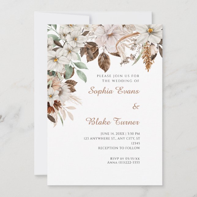 Invitación Boda Bohemia de Flores Blancas Otoño Blanco (Anverso)