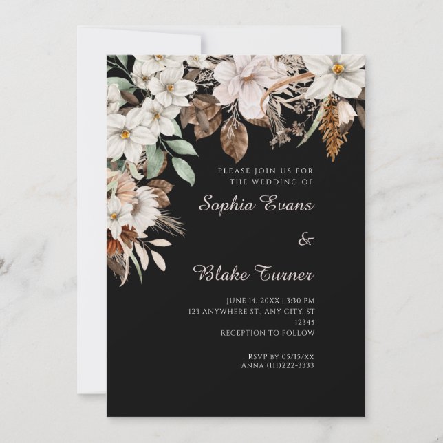 Invitación Boda Bohemia de Flores Blancas Otoño Negro (Anverso)