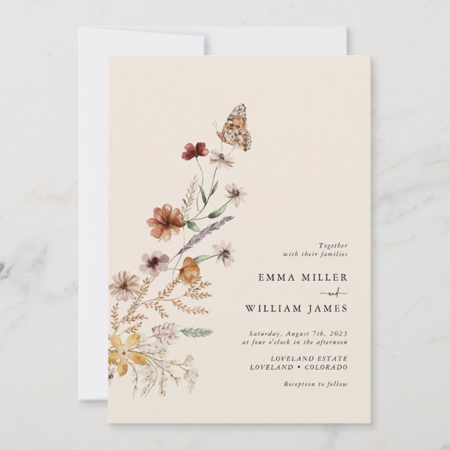 Invitación Boda Bohemia de Flores Silvestres (Anverso)