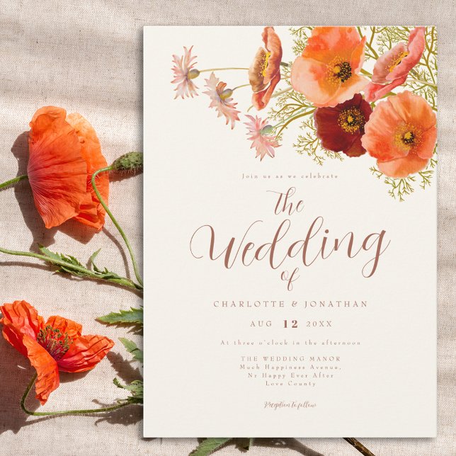 Invitación Boda Bohemia de Flores Silvestres (Boho wildflower wedding invitation with elegant script orange and brown watercolor florals)
