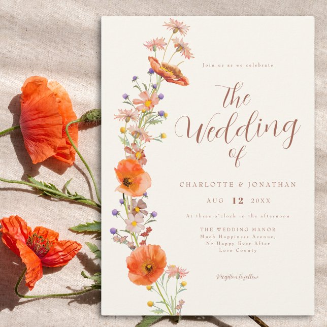 Invitación Boda Bohemia de Flores Silvestres (Elegant watercolor floral orange wedding invitation)