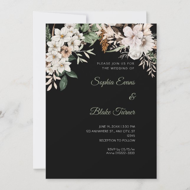 Invitación Boda Bohemia de Invierno con Flores Blancas y Negr (Anverso)