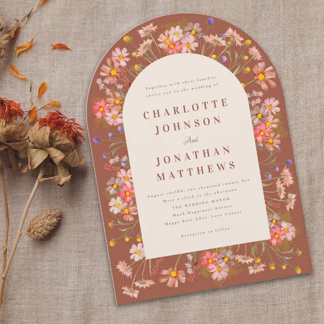 Invitación Boda Bohemia de Otoño con Flores Silvestres (Boho rustic wildflower arch fall wedding invitation elegant modern burnt orange terracotta  beige )