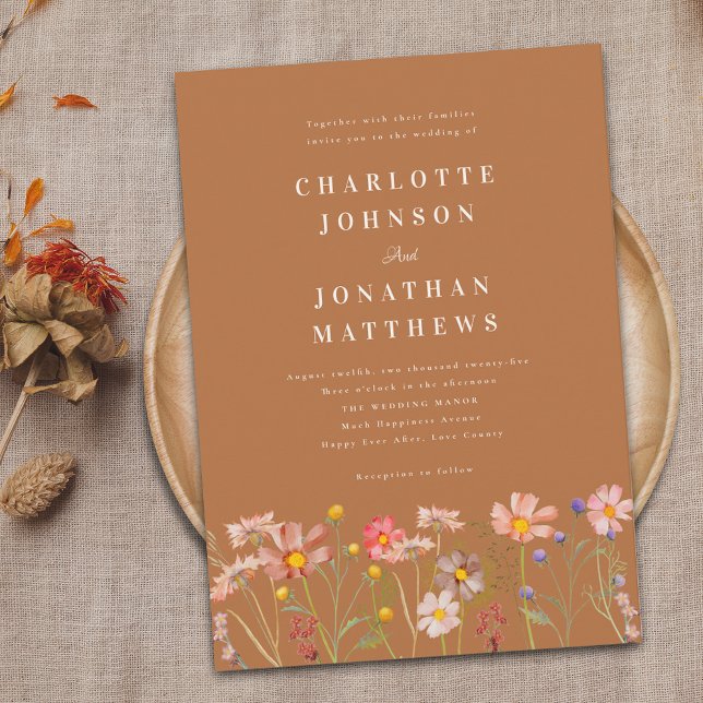 Invitación Boda Bohemia de Otoño con Flores Silvestres (Boho fall Wildflower terracotta Wedding invitation rustic country garden elegant typography)