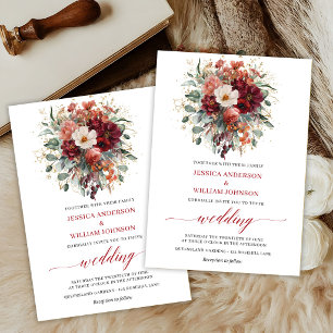 Invitación Boda Bohemia de Otoño Flores Verde Burgundy