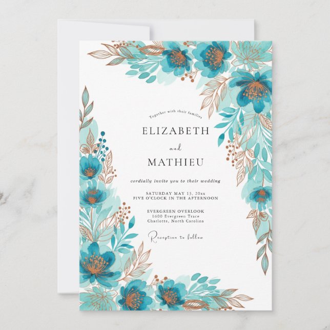 Invitación Boda Bohemia Dorada Turquesa (Anverso)