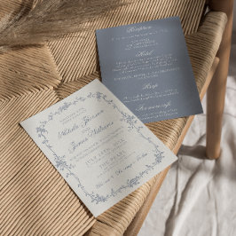 Invitación Boda Bohemia Floral Azul Polvoriento Todo en Uno