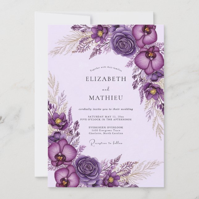 Invitación Boda Bohemia Lavanda Morada (Anverso)
