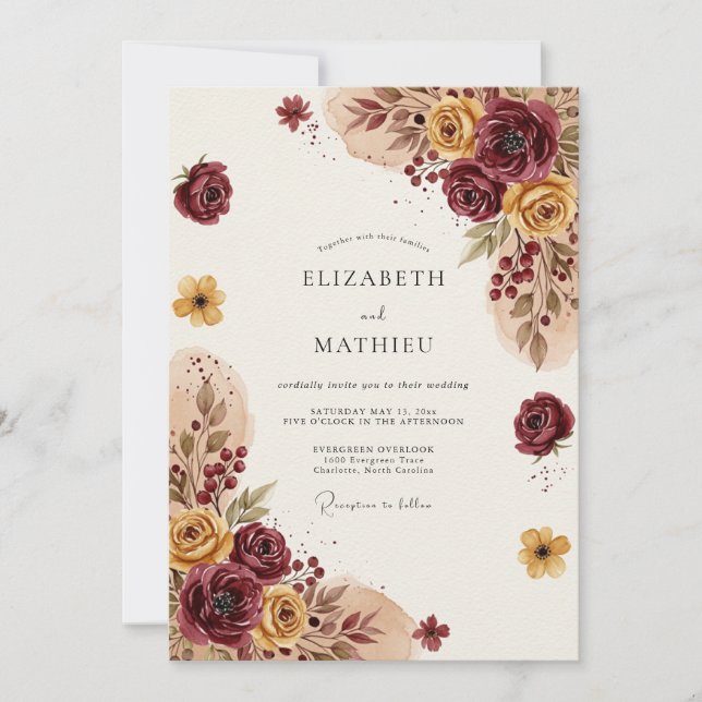 Invitación Boda Bohemia Malhumorada Borgoña (Anverso)