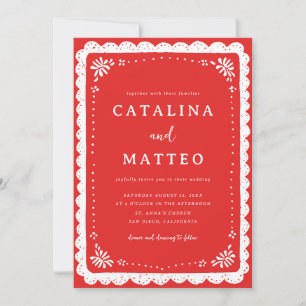 Invitación Boda Bohemia Roja y Blanca con Papel Picado Mexica