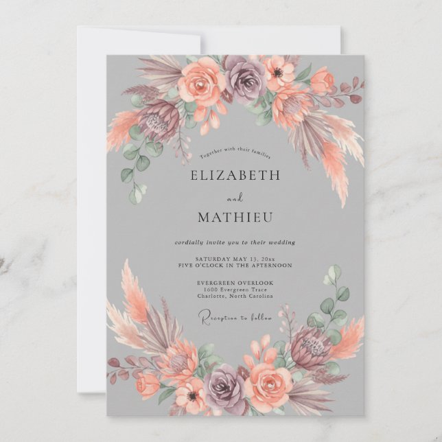 Invitación Boda Bohemia Terrosa Gris de Peltre (Anverso)