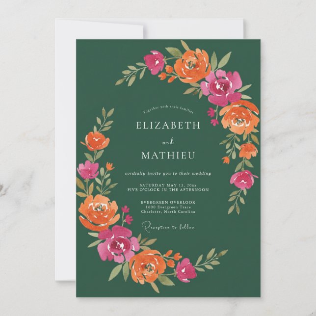 Invitación Boda Bohemia Verde Oscuro Vibrante (Anverso)