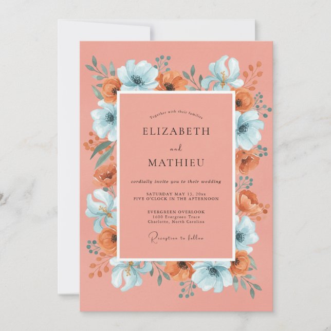 Invitación Boda Bohemia Vibrante de Coral (Anverso)