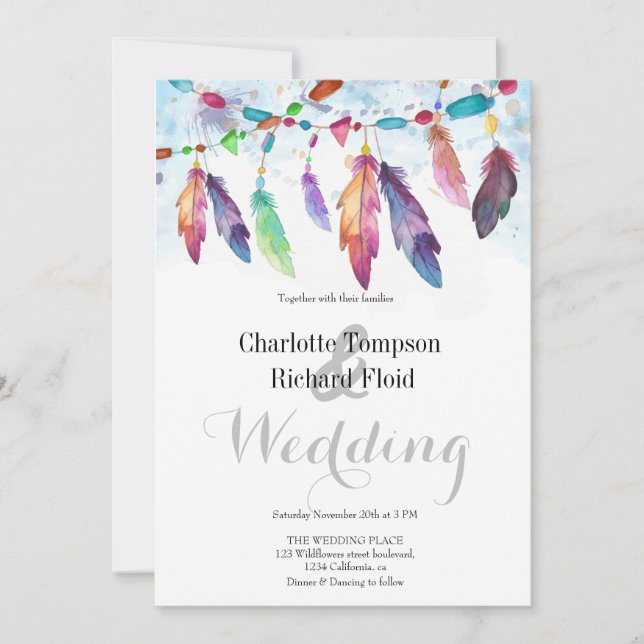 Invitación Boda Bohemian Floral Feathers (Anverso)