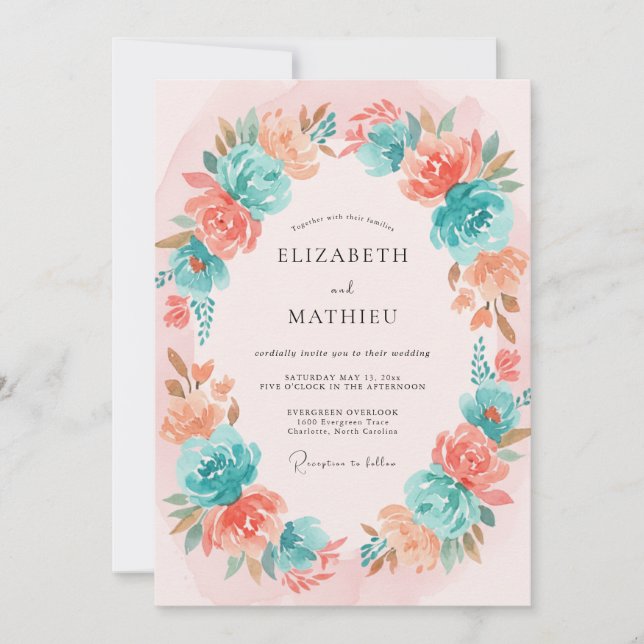 Invitación Boda Bohemiana Acuarela Turquesa Rubor (Anverso)