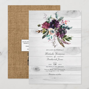 Invitación Boda Bohemiana Código QR Floral Rústica Ciruela Vi