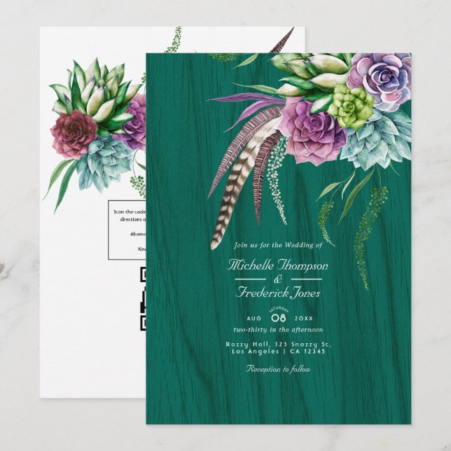 Invitación Boda Bohemiana de Cactus Místico con Código QR RSV (Anverso / Reverso)