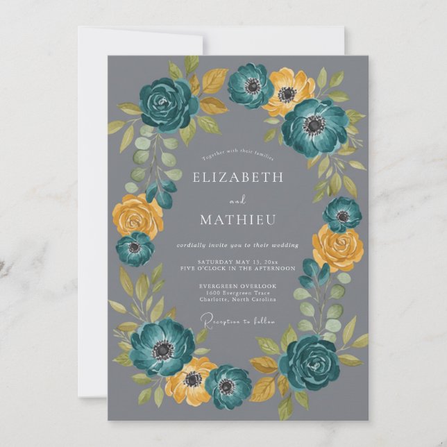 Invitación Boda Bohemiana de Impacto Verde Azulado (Anverso)