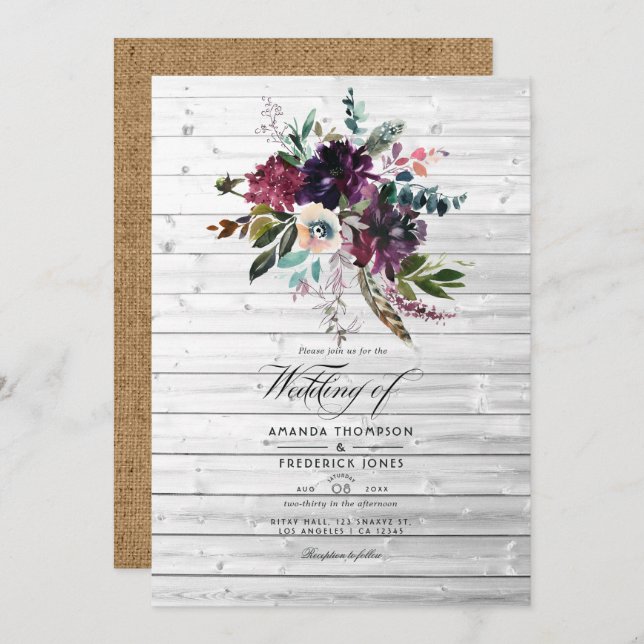 Invitación Boda bohemiana floral de Bordo Violet Plum (Anverso / Reverso)