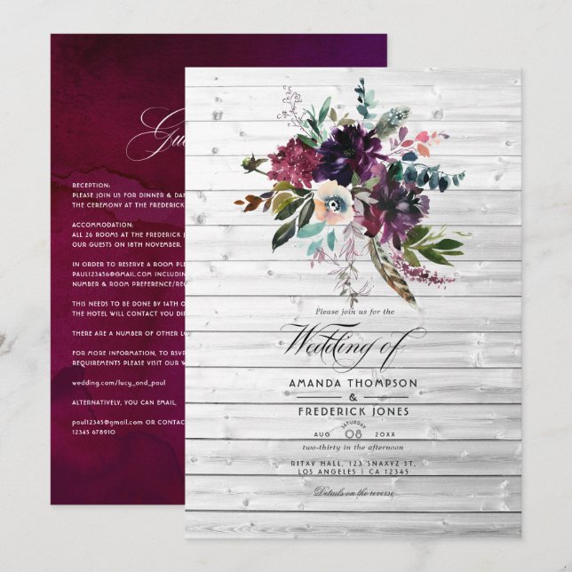 Invitación Boda bohemiana floral de Bordo Violet Plum (Anverso / Reverso)