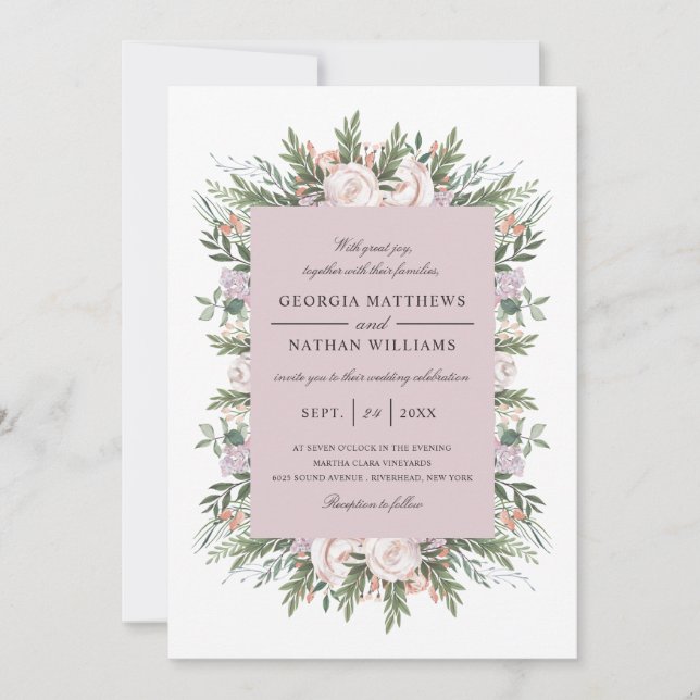 Invitación Boda Bohemiana Floral Elegante Luz Mauve (Anverso)
