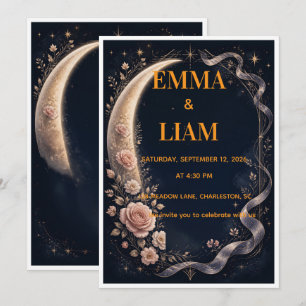 Invitación Boda Bohemiana Floral Noche Estrellada Luna