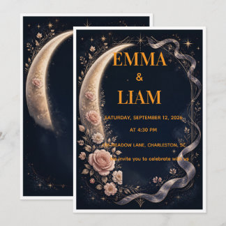 Invitación Boda Bohemiana Floral Noche Estrellada Luna