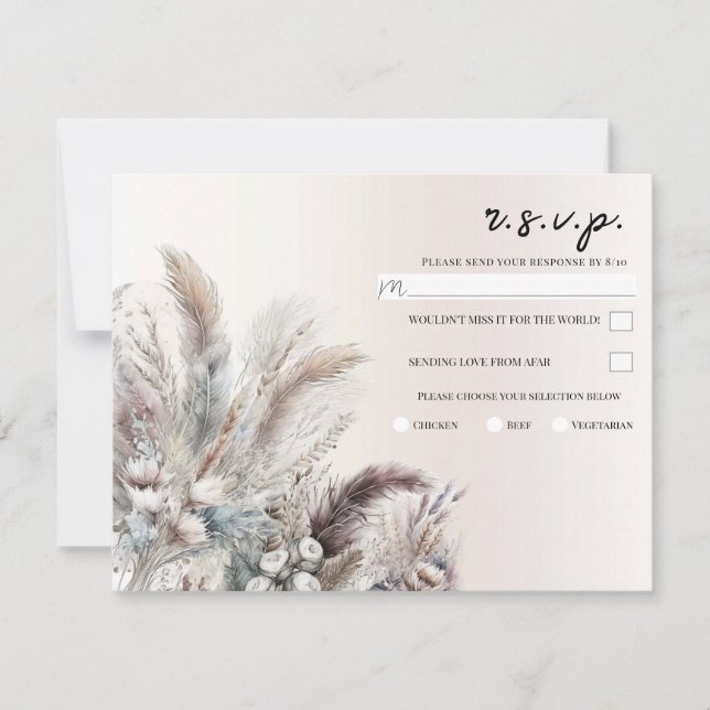 Invitación Boda Bohemiana Floral Terrosa con Plumas RSVP (Anverso)