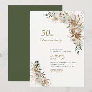 Invitación Boda Bohemiana Floral Verde y Dorado Aniversario