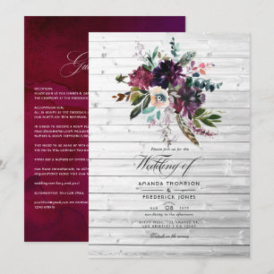 Invitación Boda Bohemiana Rústica Floral Violeta Borgoña