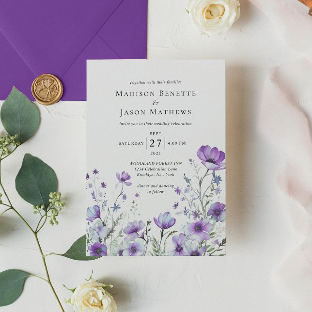 Invitación Boda bohemiano de flores púrpura moderno elegante (Subido por el creador)