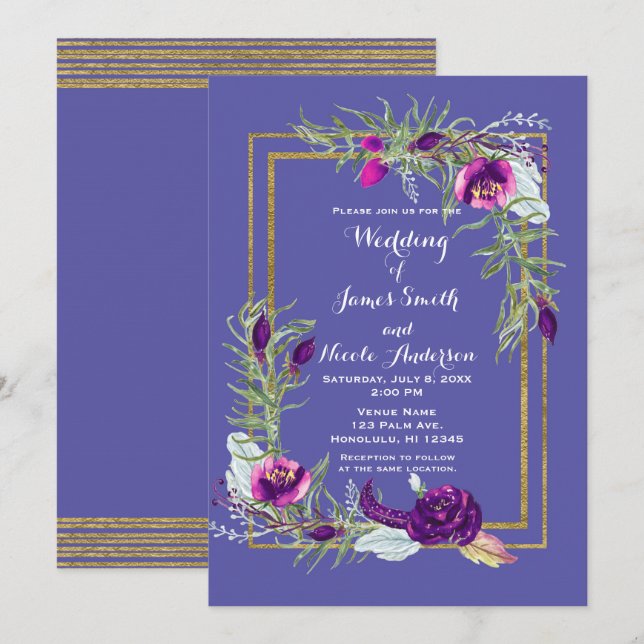 Invitación Boda bohemiano ultravioleta morado y dorado (Anverso / Reverso)