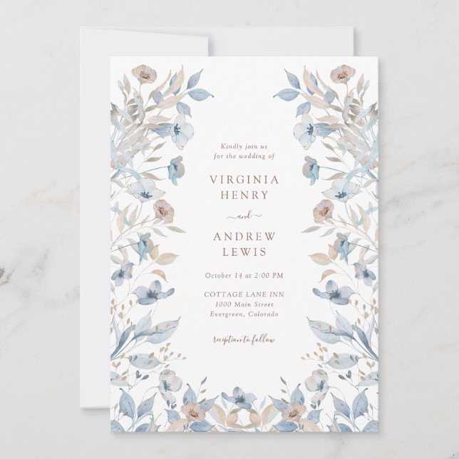 Invitación Boda Bohemio Azul Floral (Anverso)
