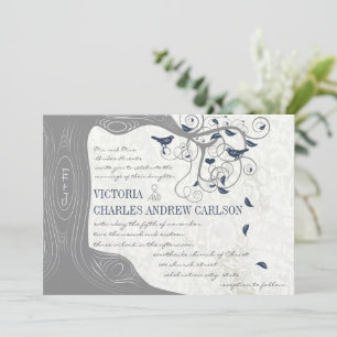 Invitación Boda Bohemio Boho Gris Navy Pájaros de Amor