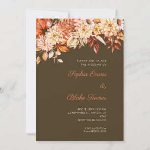 Invitación Boda Bohemio Café Marrón Floral Invierno Naranja