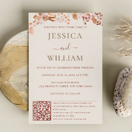 Invitación Boda Bohemio Con Flores De Boho Y Código QR