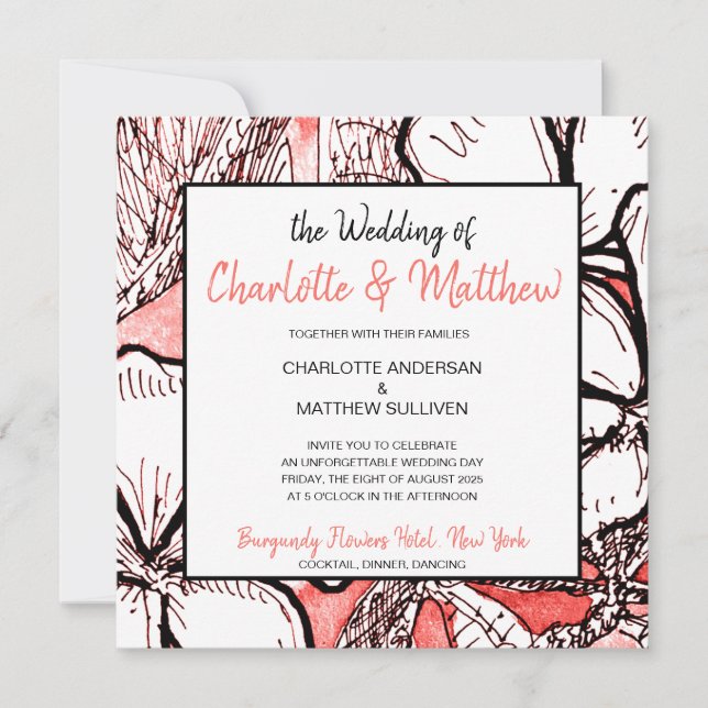 Invitación Boda Bohemio de dibujo blanco de coral floral (Anverso)